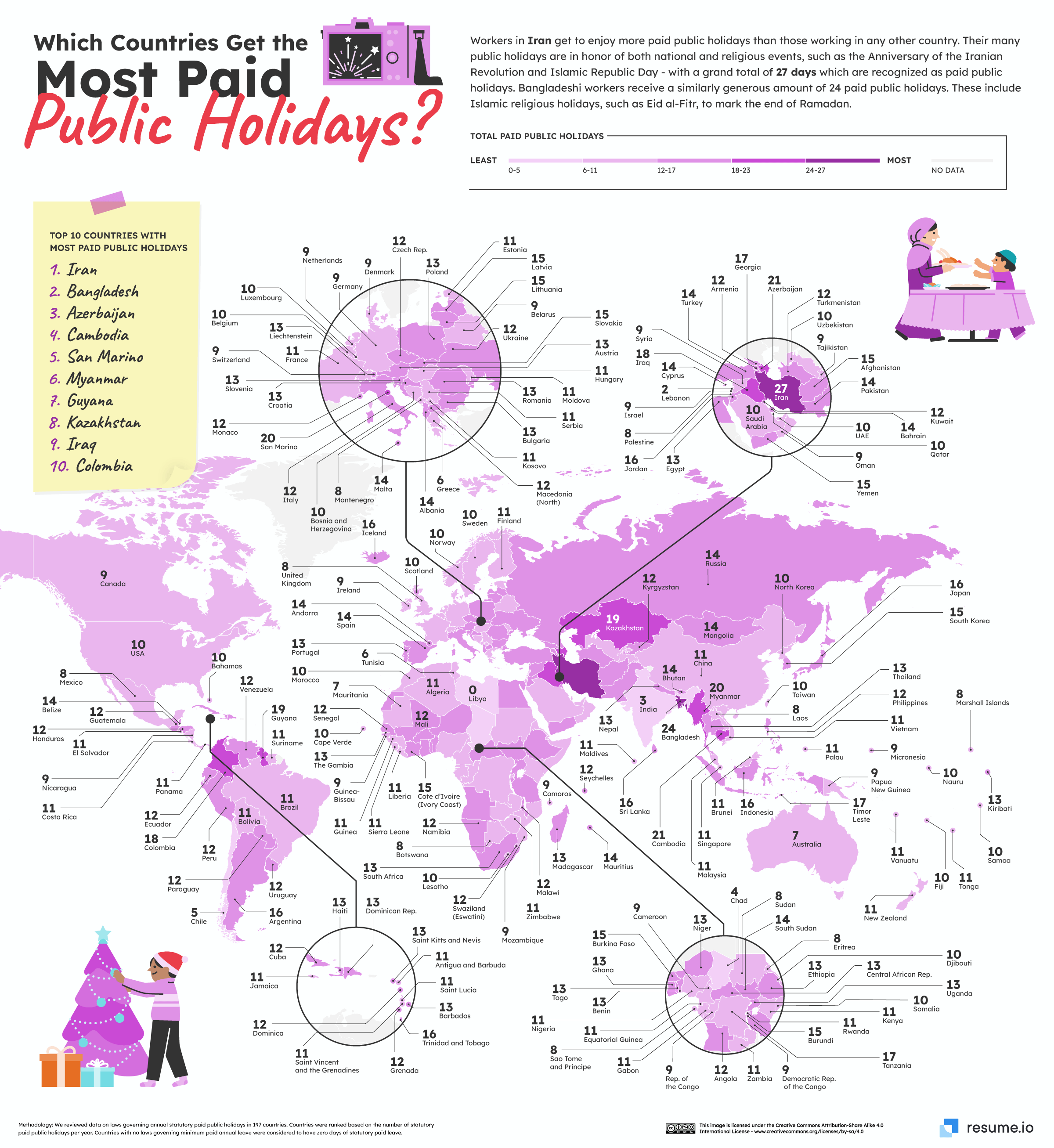 Countries with most paid public holidays