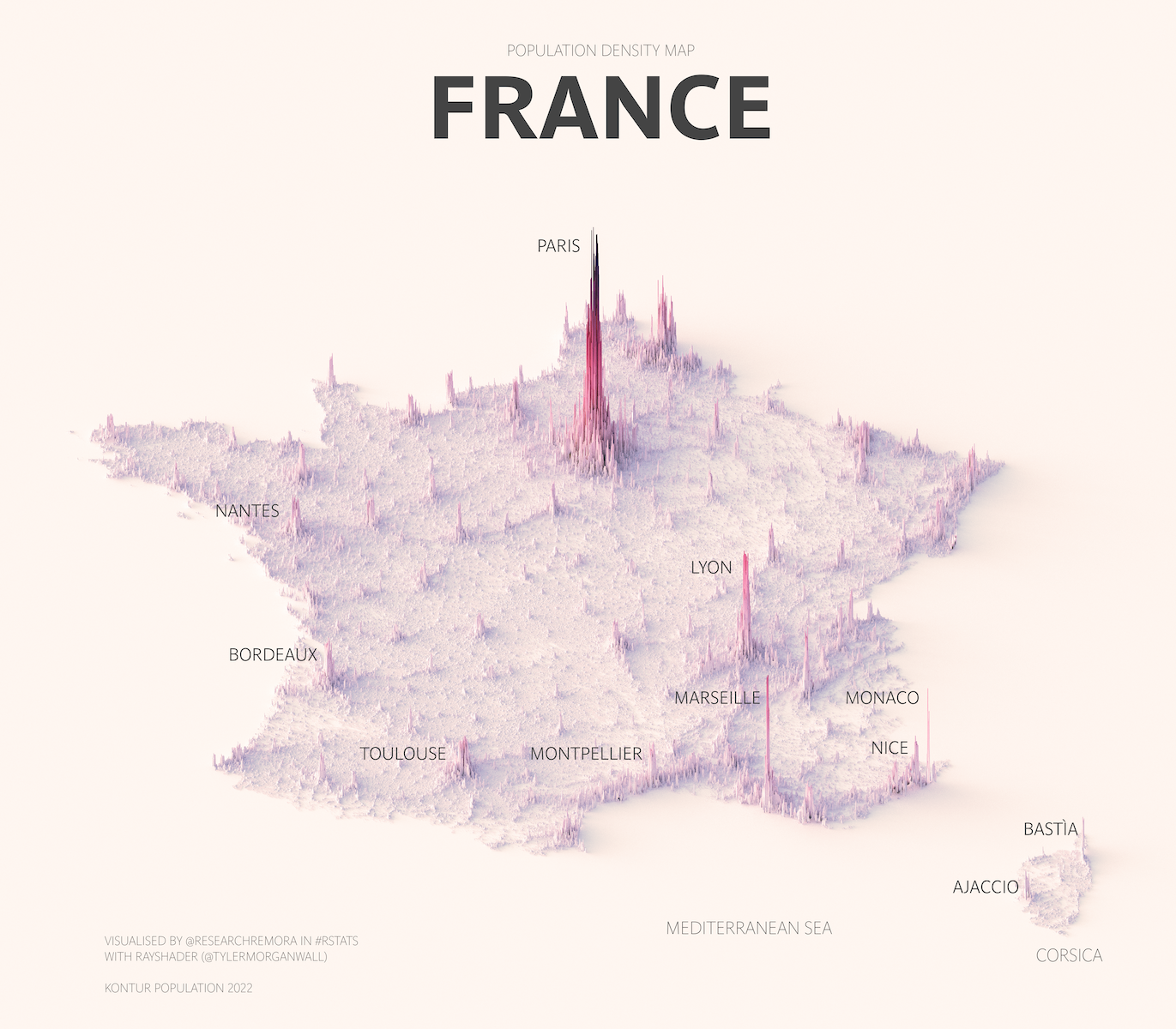 This image shows a map of France and its population spread.