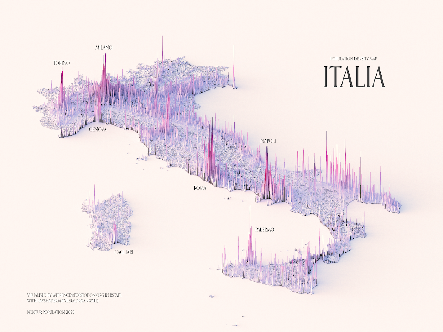 This image shows a map of Italy and its population spread.