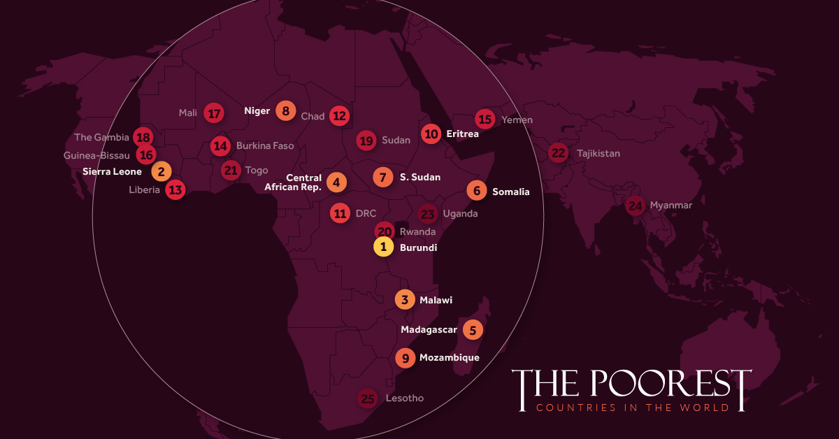 A map of the world, with the countries with the lowest per capita GDP highlighted.