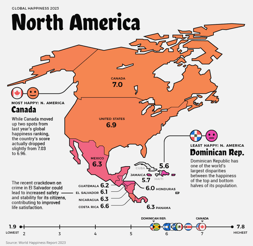 world's happiest countries 2023 - North America map