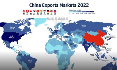 A map of the the biggest export destinations of China's exports in 2022.