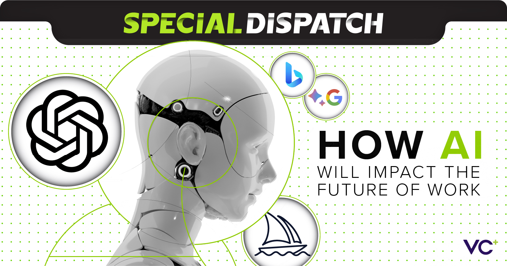 Promo image of a special dispatch about AI and the future of work featuring a humanoid robot surrounded by the ChatGPT logo, Midjourney logo, Bing logo, and Google Bard logo