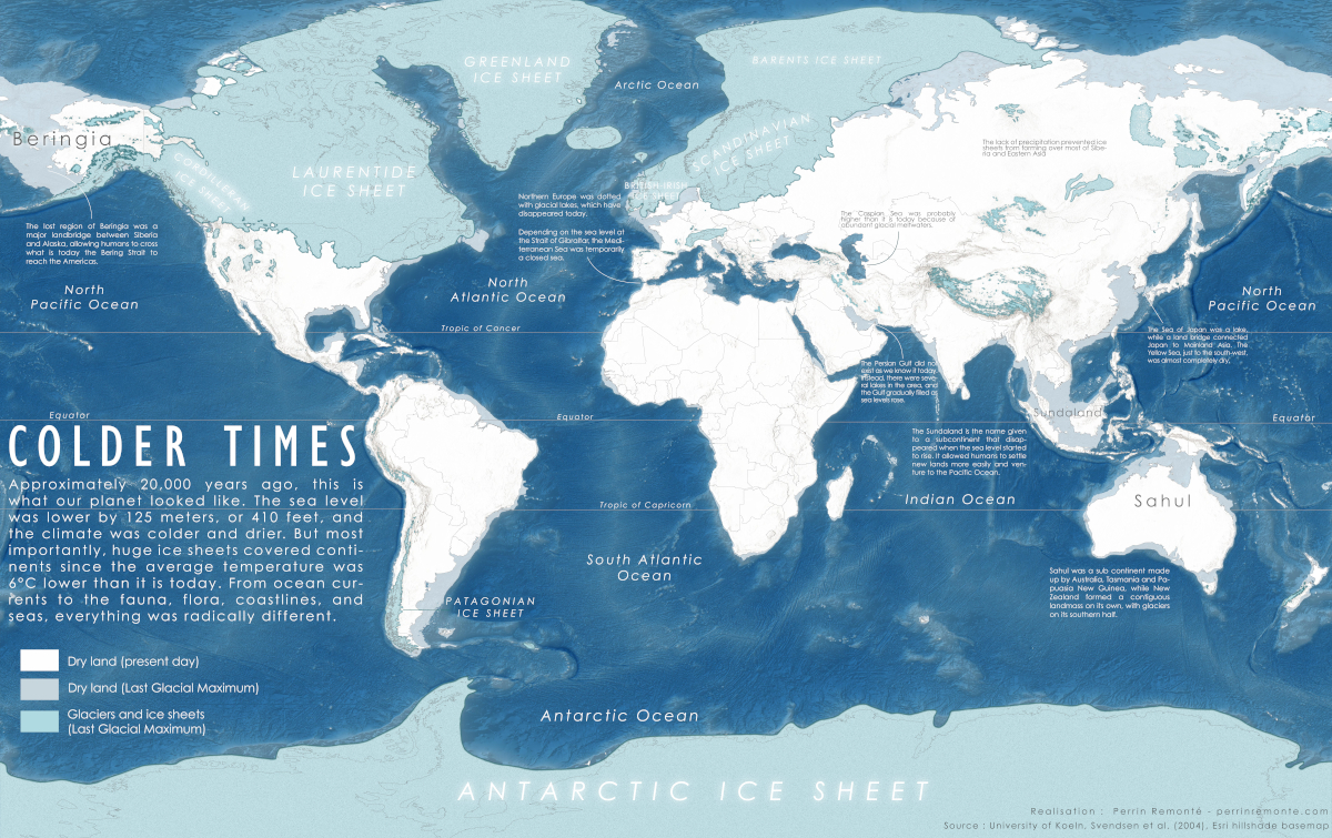 A map of the Earth 20,000 years ago, at the peak of the last ice age, when colder temperatures transformed the planet 
we know so well.