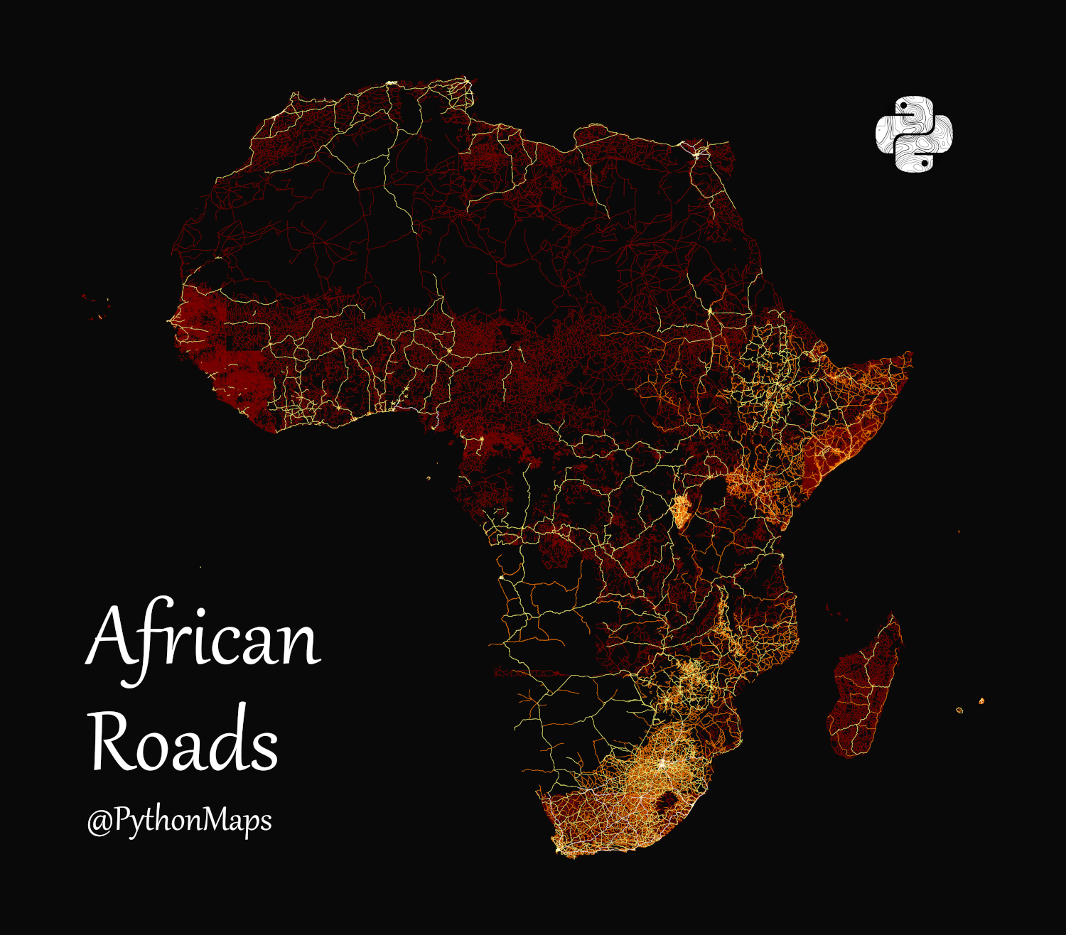A map of all roads in Africa, visualized by type.