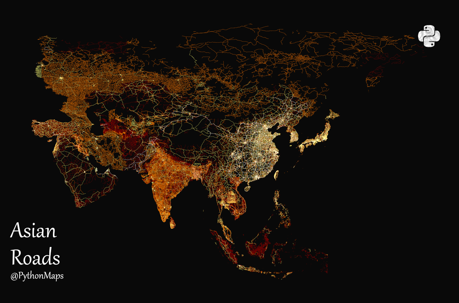 A map of all roads in Asia, visualized by type.