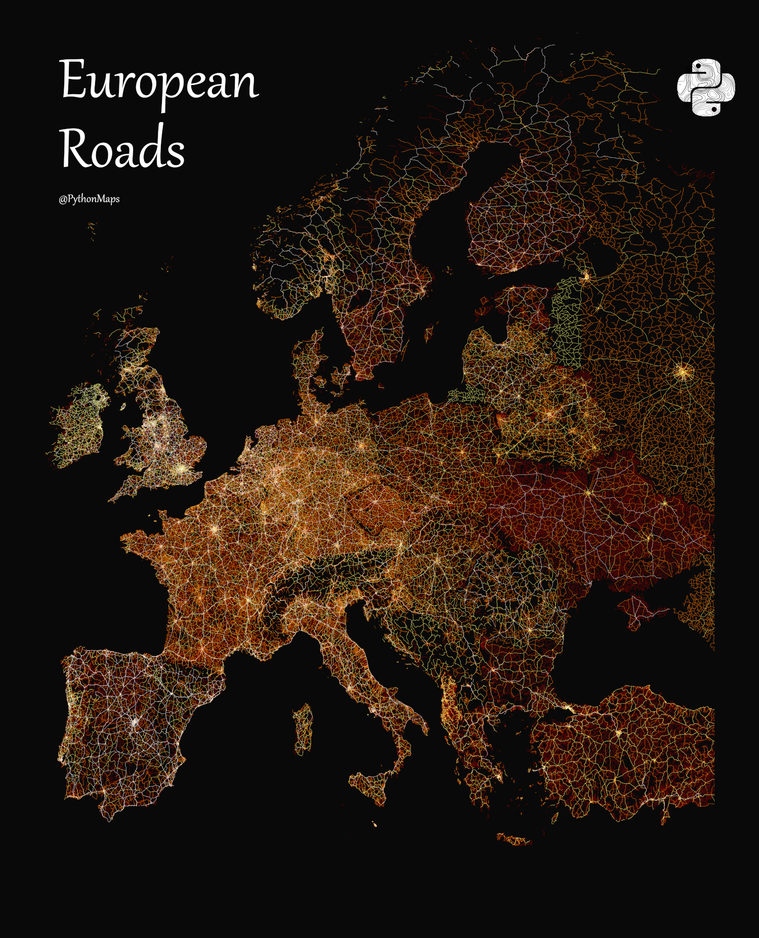 A map of all roads in Europe, visualized by type.