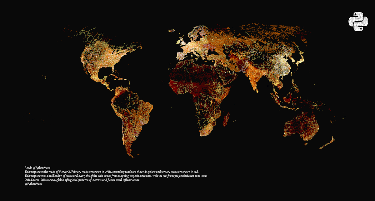 A road map of the world, visualized by type.