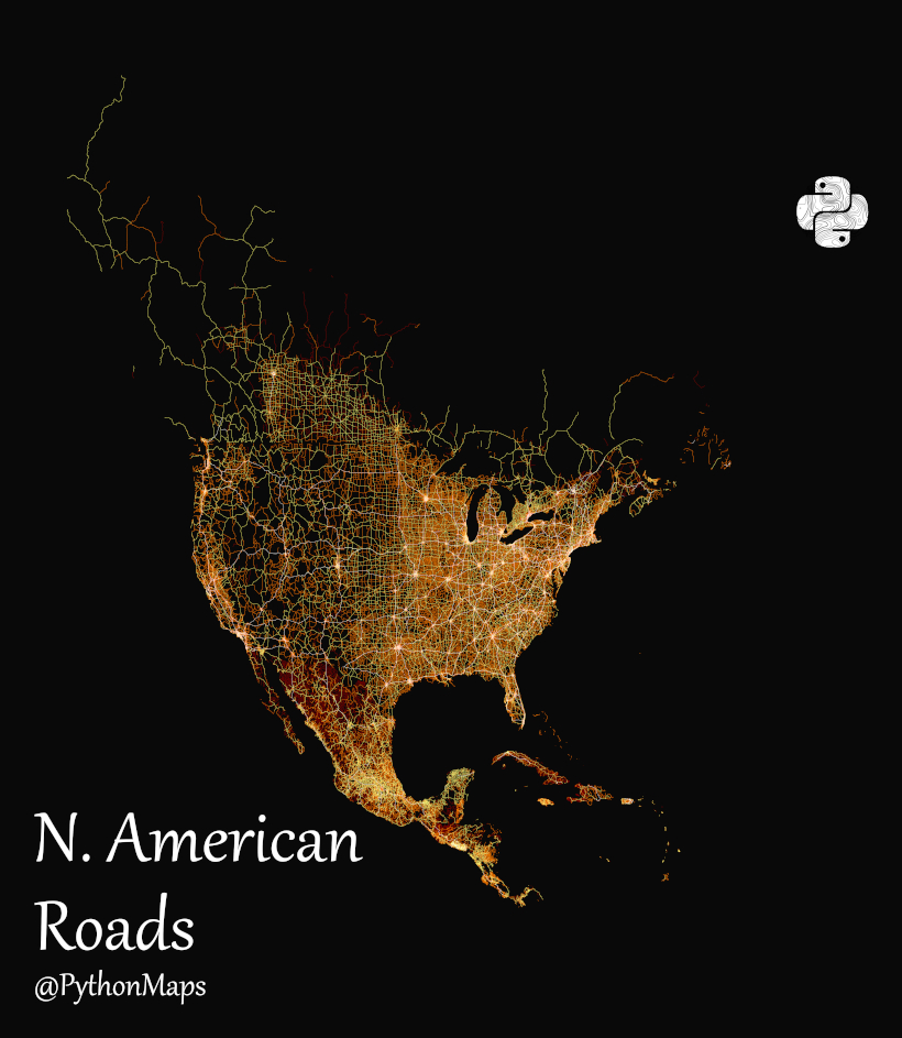 A map of all roads in North America, visualized by type.