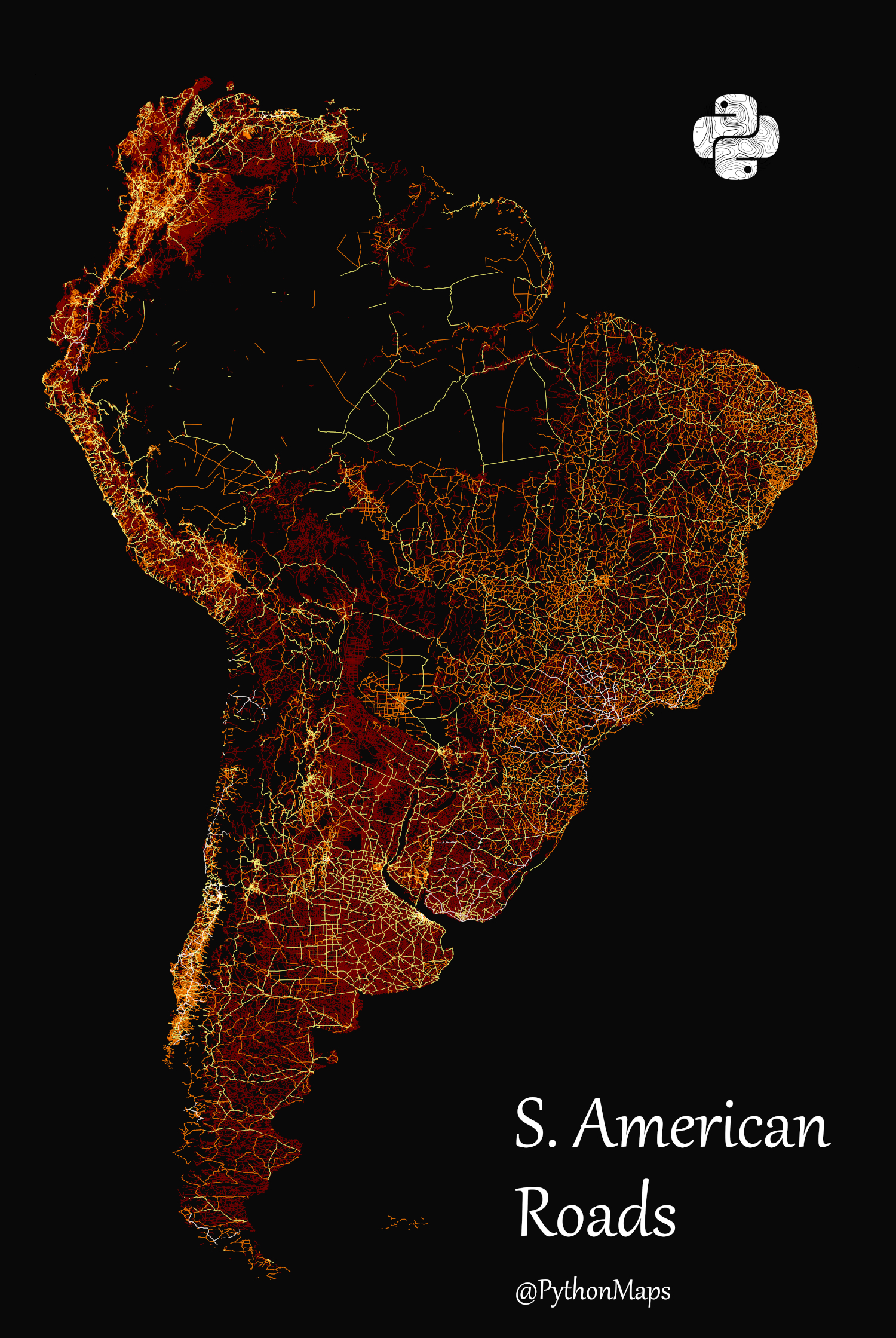 A map of all roads in South America, visualized by type.