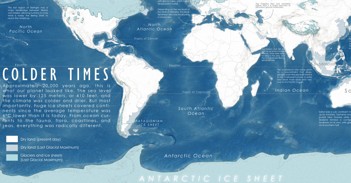 A map of the Earth 20,000 years ago, at the peak of the last ice age, when colder temperatures transformed the planet we know so well.