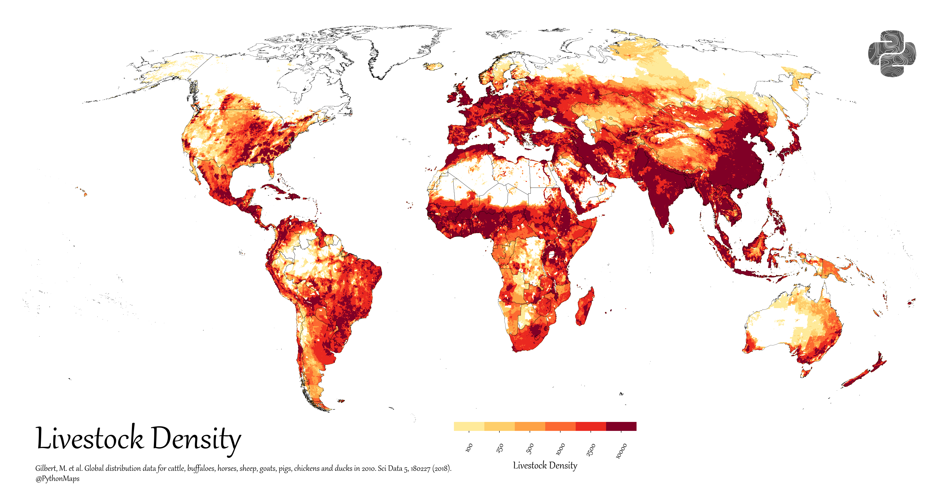 A map of the global distribution of all livestock.