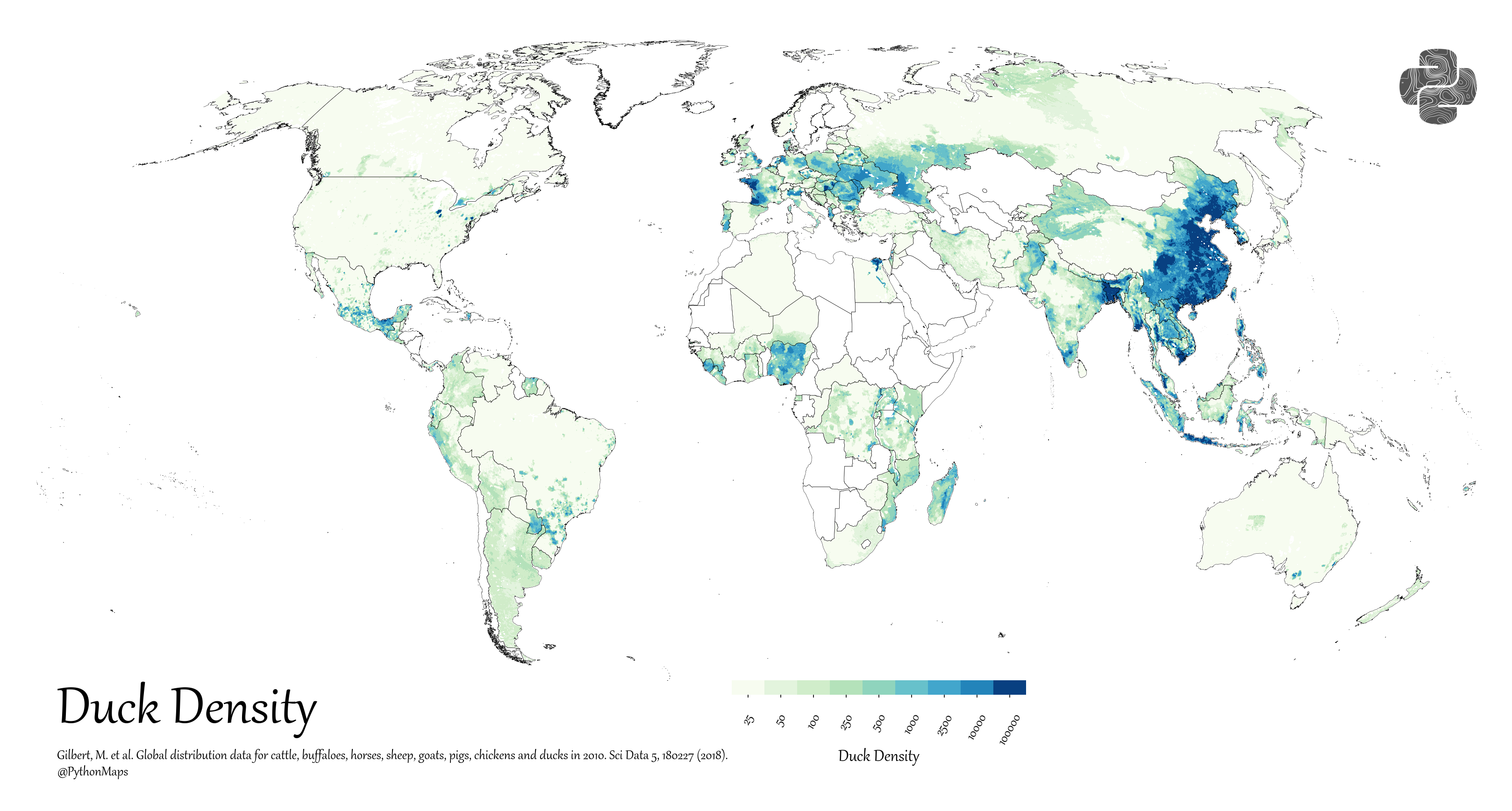 A map of livestock distribution, specifically ducks, in the world.