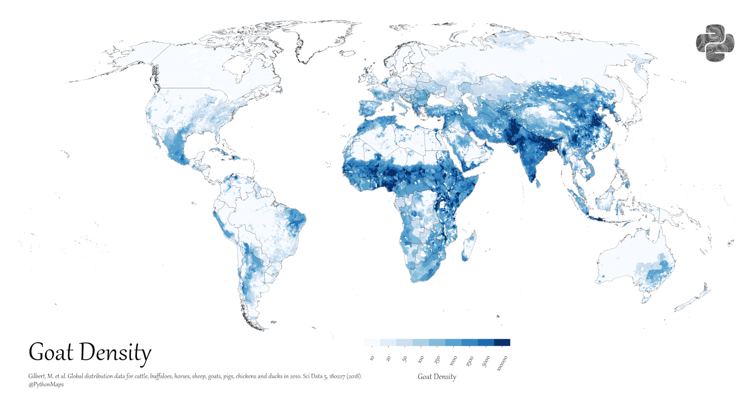 A map of livestock distribution, specifically goats, in the world.