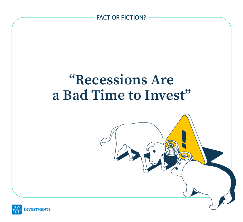 Text that says "Fact or fiction: recessions are a bad time to invest" alongside an image of a bull and a bear facing off with a caution symbol and coins in the background.