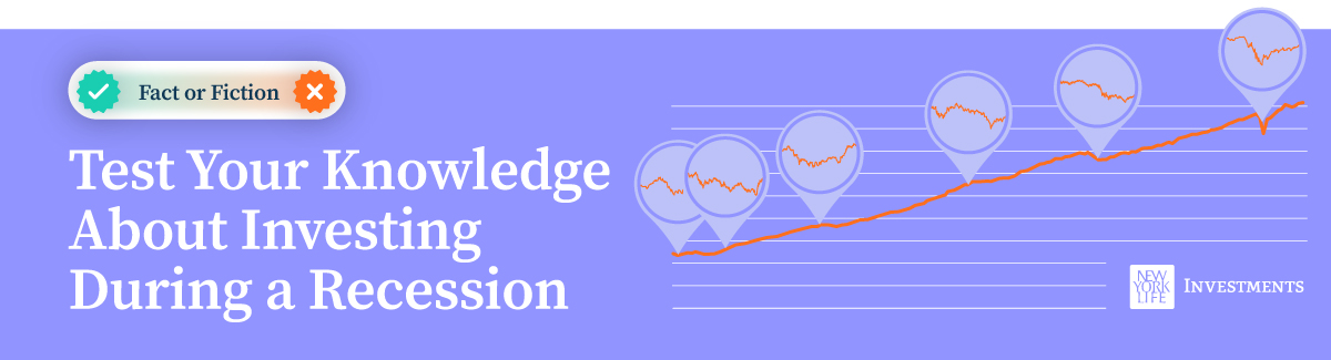 Text says Fact or fiction: Test Your Knowledge About Investing During a Recession. There is also a line chart with zoom in bubbles to show stock performance during each recession since 1980.