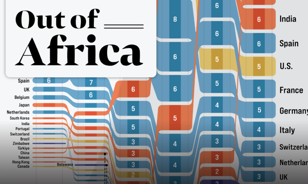 A sankey chart showing the top destinations for 25 years of Africa’s exports.
