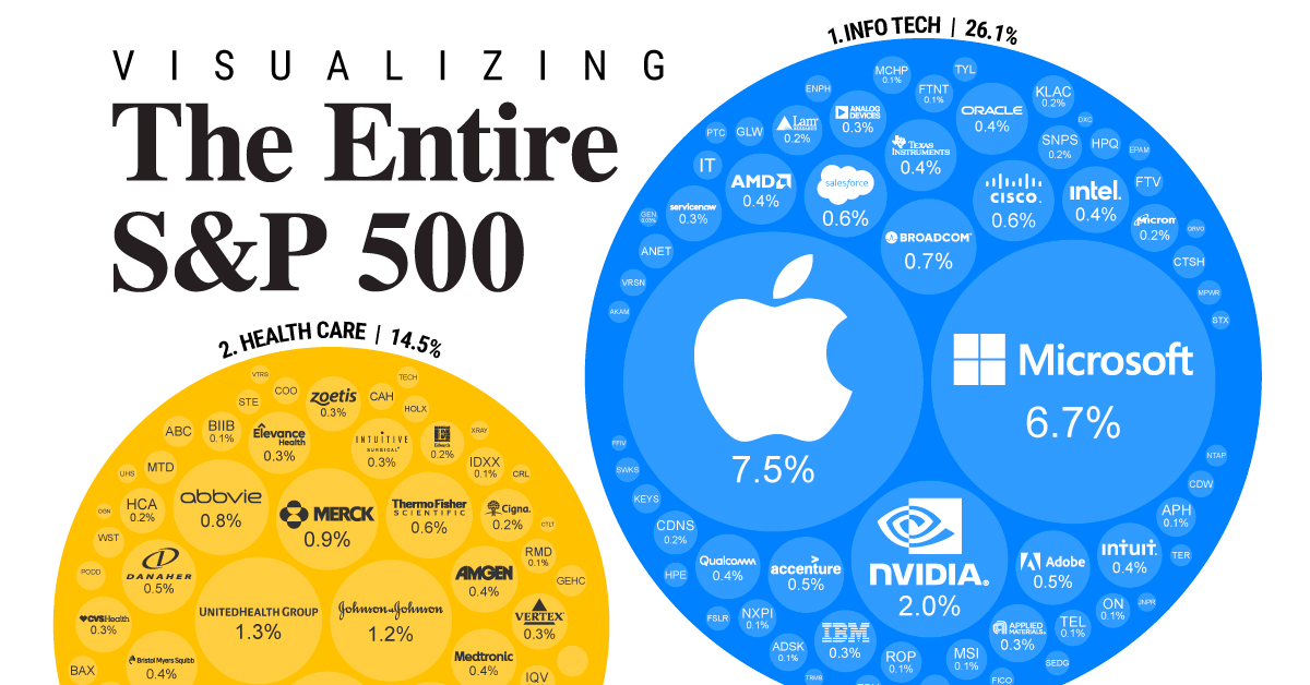 Bubble chart showing a partial breakdown of the S&P 500 companies in the Info Tech and Healthcare sectors. Apple and Microsoft are by far the largest.