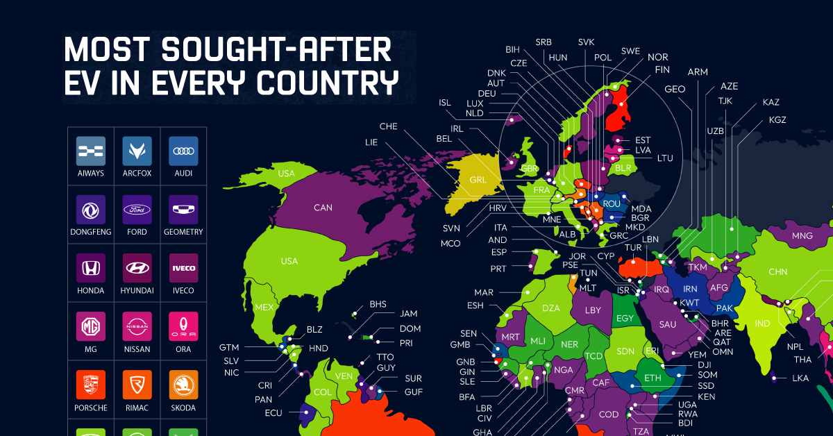 A map of the most searched-for electric vehicles by country