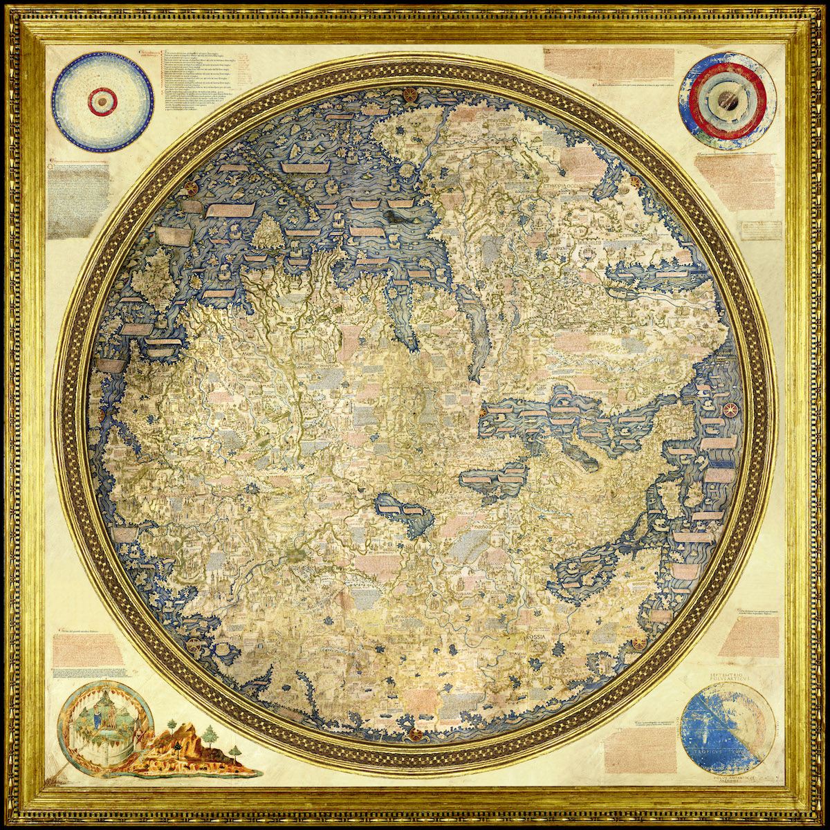 世界历史地图，描绘为圆形平面球，由 Fra Mauro 于 1450 年代在意大利威尼斯制作。