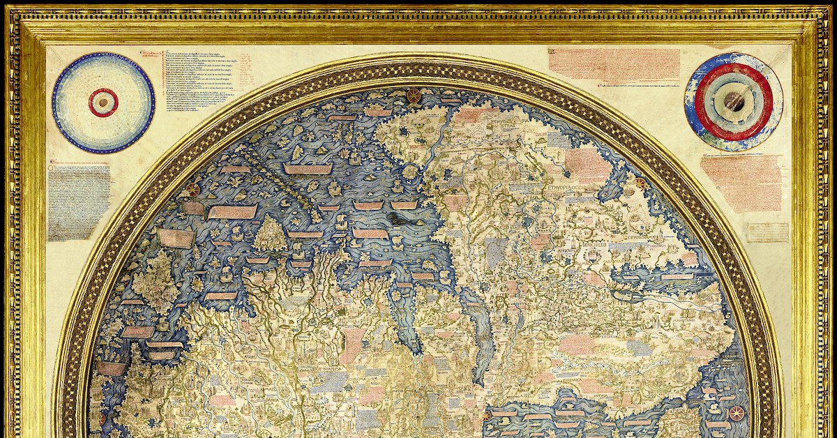 Historical map of the world depicted as a circular planisphere of the world crafted in the 1450s in Venice, Italy by Fra Mauro.