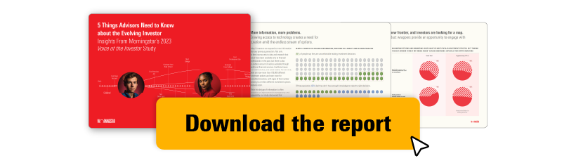 Report cover titled 5 Things Advisors Need to Know About the Evolving Investor with additional pages from the report shown. There is also a large yellow button that says Download the Report with an arrow hovering over it