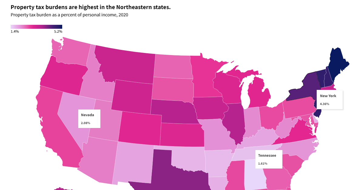 This interactive graphic shows property taxes by state in the U.S. as a percentage of personal income in 2020.