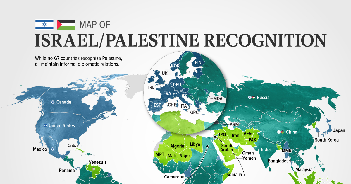 Map showing the recognition of Israel and Palestine by the 193 UN member countries.