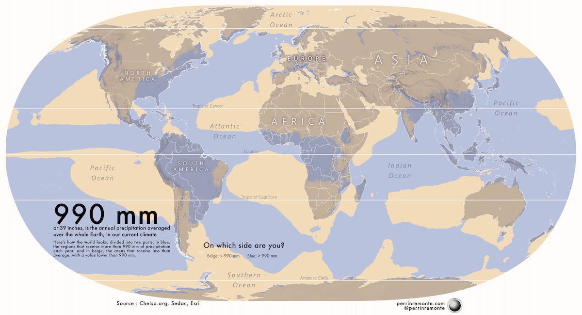 A map with global precipitation patterns. One half of the world, in blue, receives more than one meter of rain (or snow) in a year, the other half receives less.