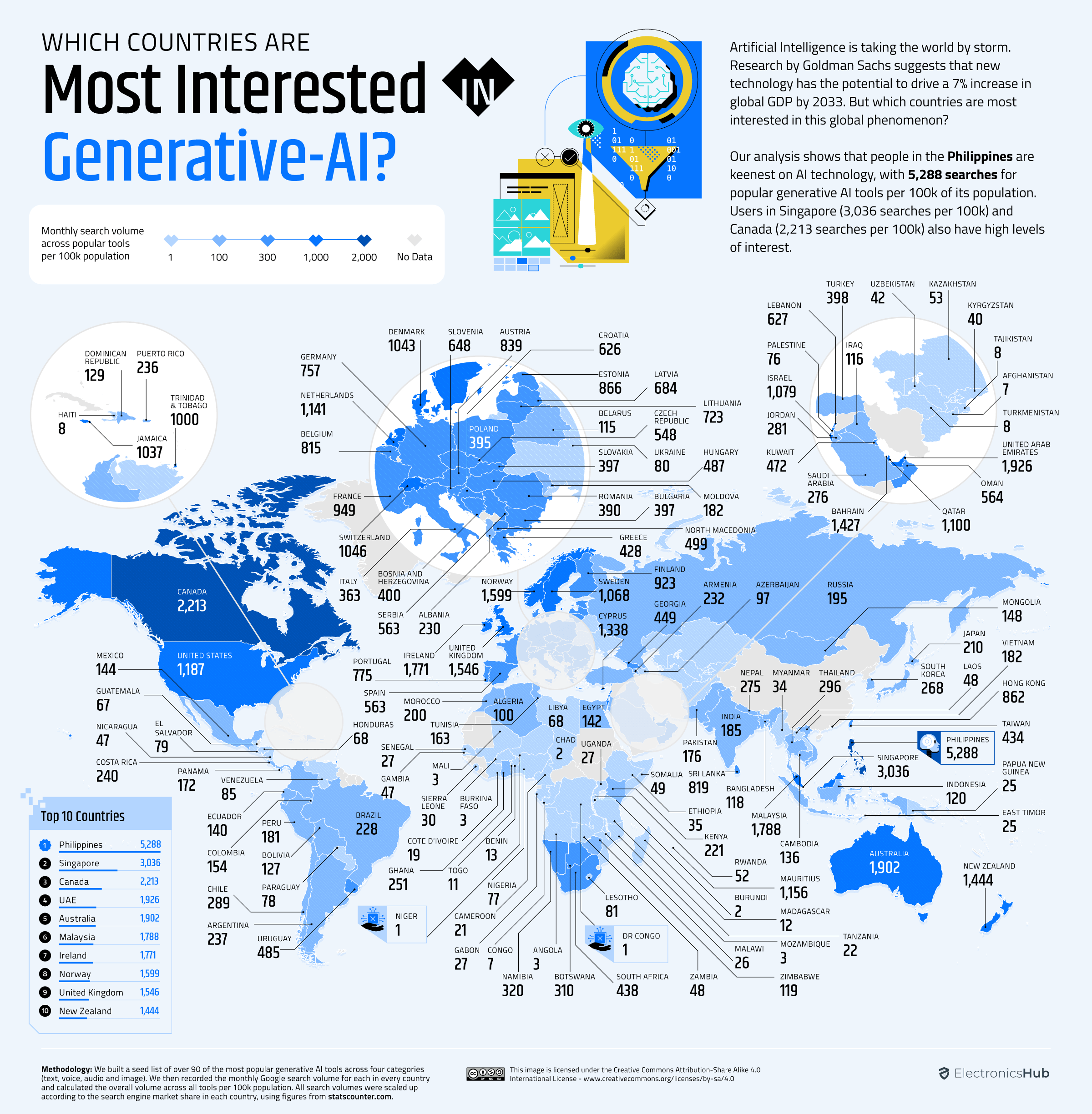 These graphics highlight interest in generative AI by country, covering interest in text, image, video, or audio generation.