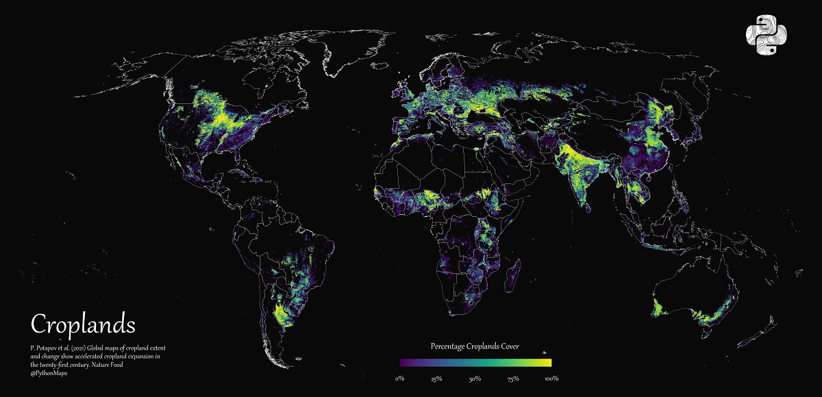 Detailed map of the world’s cropland cover as of 2019.