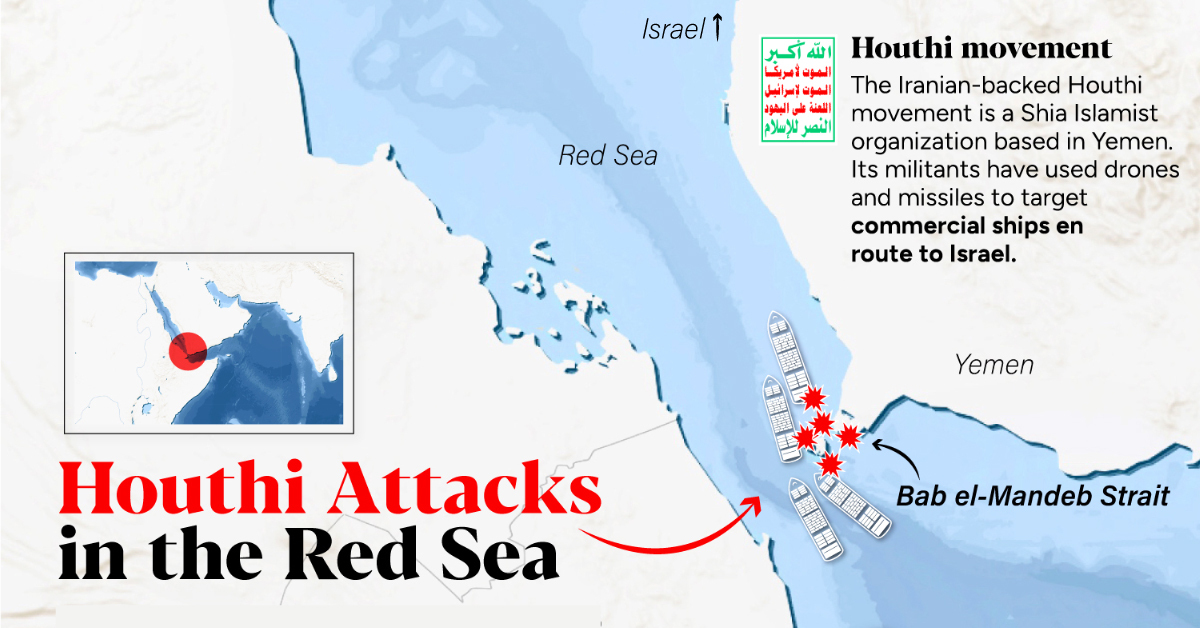 A cropped map detailing the recent Houthi Attacks and how they impact shipping through the Suez Canal.