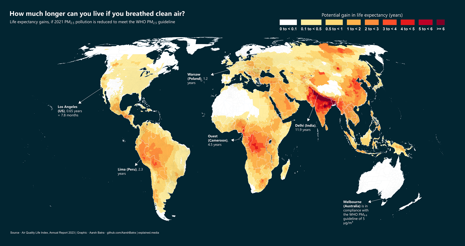 World map of life expectancy gains from pollution reduction.