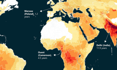 World map of life expectancy gains from pollution reduction.