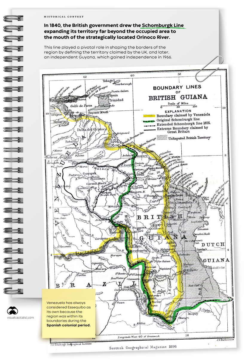Historical map shows British border claims in Venezuela and British Guiana (circa 1840)