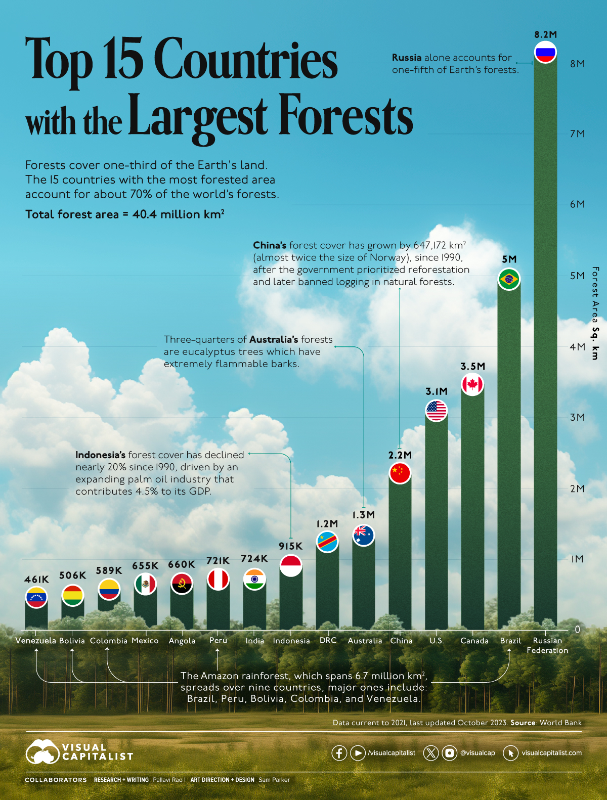 A bar chart with the top 10 countries with the largest forests as measured in square kilometers.