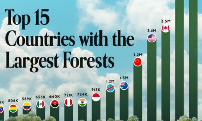 A cropped bar chart with the top 10 countries with the largest forests as measured in square kilometers.