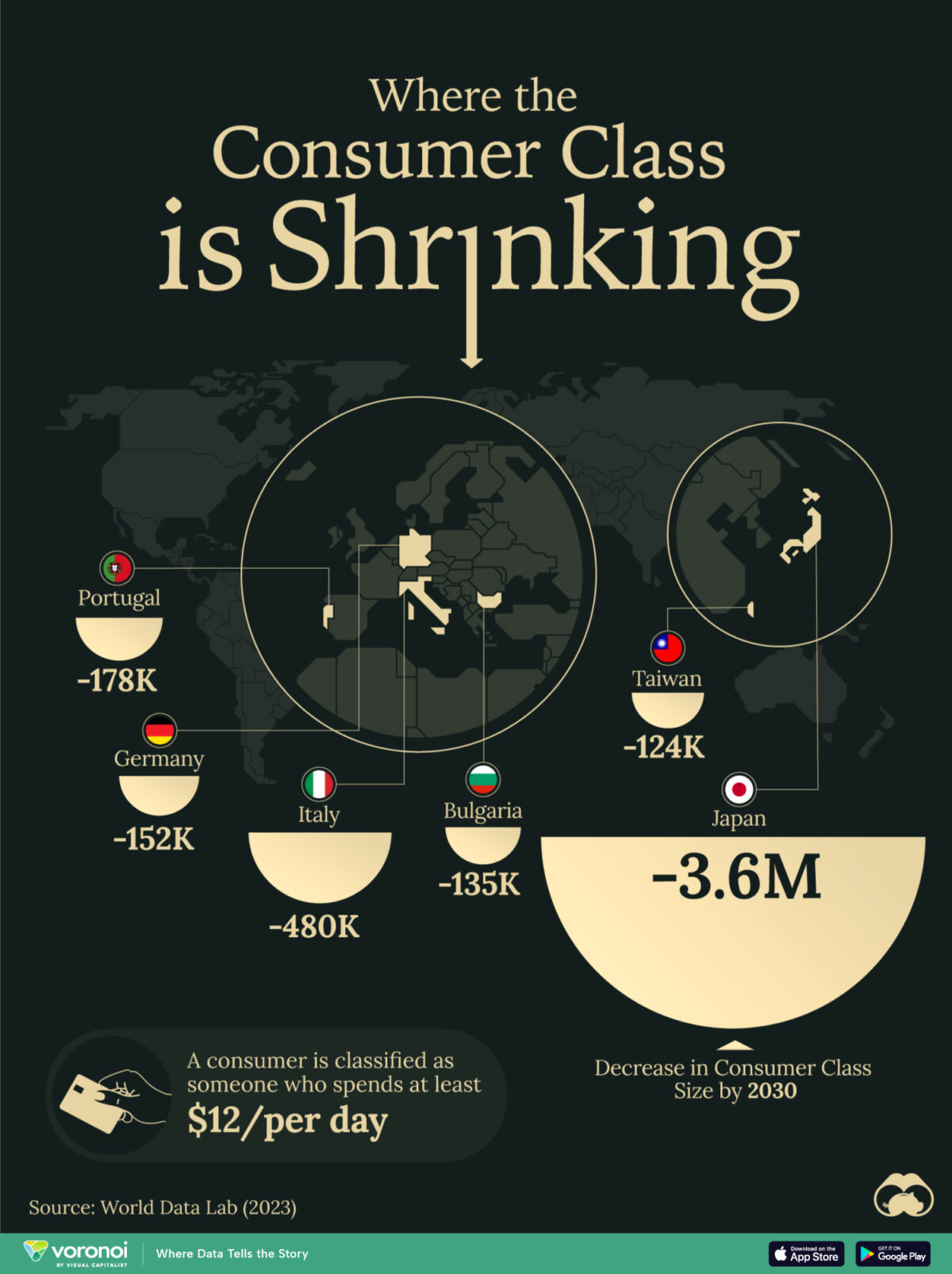 Map showing countries predicted to see a decline in the number of consumers over the next decade.