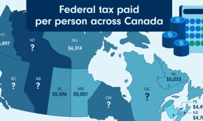 A Canadian map of federal tax paid per capita with the values for BC, Alberta, NWT, Ontario and Quebec as question marks