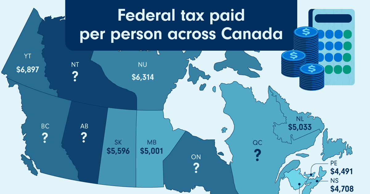 A Canadian map of federal tax paid per capita with the values for BC, Alberta, NWT, Ontario and Quebec as question marks