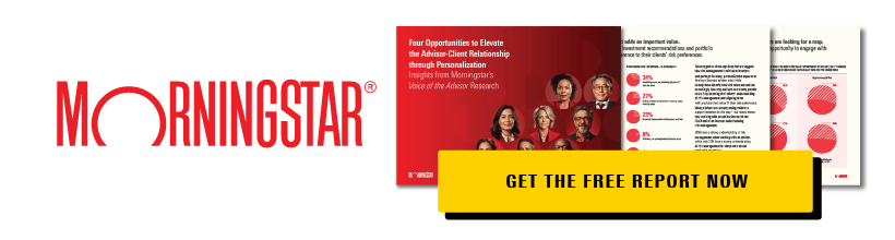 Report cover titled Four Opportunities to Elevate the Advisor-Client Relationship through Personalization with additional report pages shown. There is also a yellow button that says get the free report now.