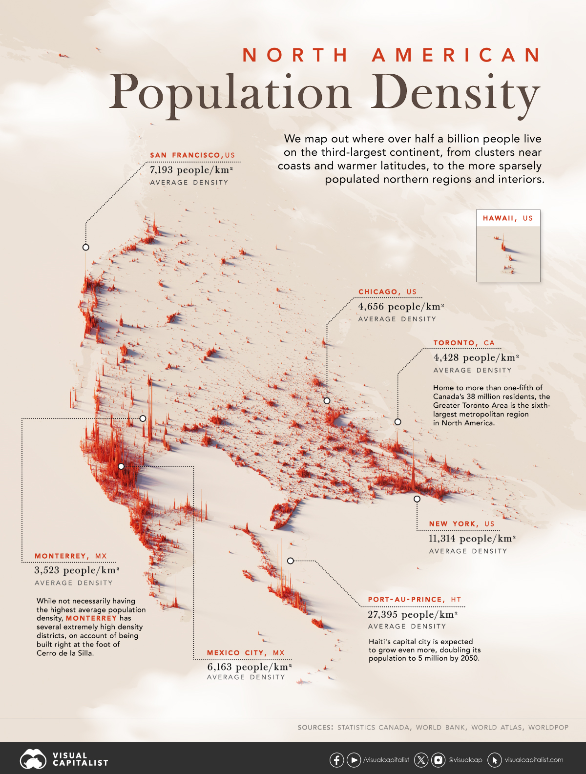 A map of North America population patterns by density.