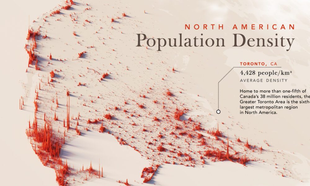 A map of North America along with its population patterns.