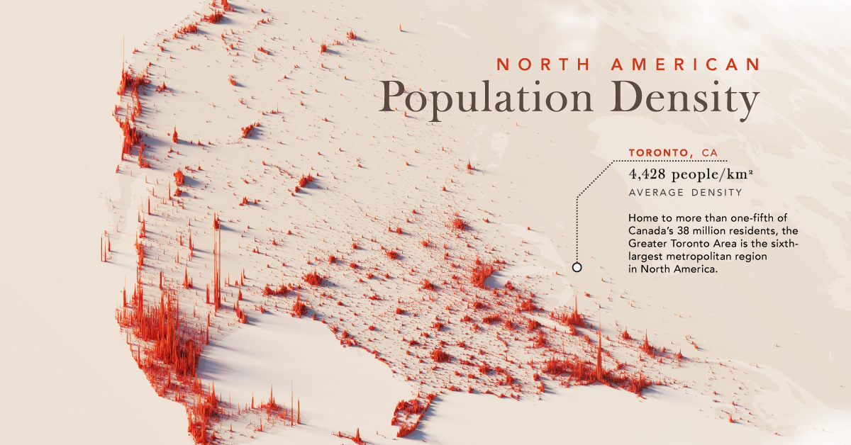A map of North America along with its population patterns.