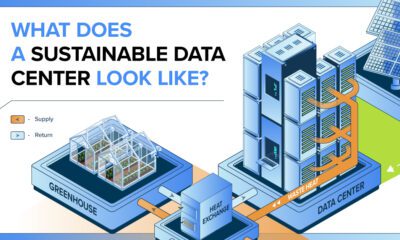 Diagram showing how waste heat from data centers could be recaptured and recycled to provide sustainable heat in residential and commercial settings.