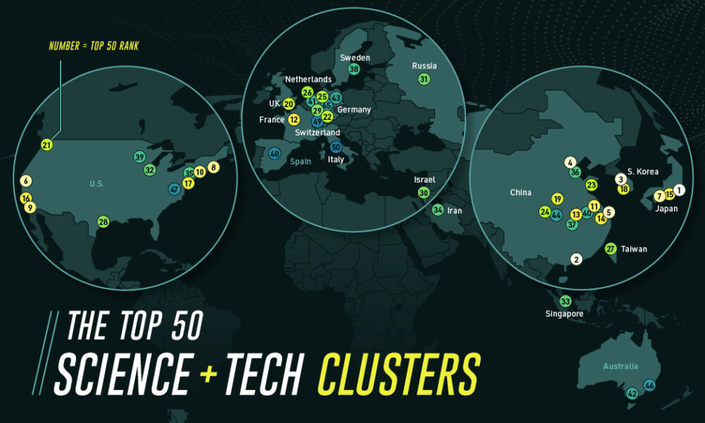 This map explores the world’s top 50 science and technology clusters, based on data from the Global Innovation Index 2023.