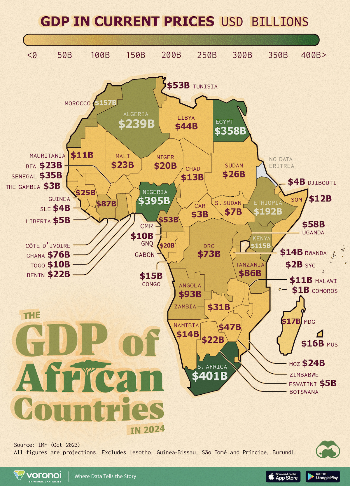 A map of the $3 trillion African Economy labelled by each country's economic output, excluding Eritrea, Burundi, Lesotho, Guinea-Bissau, and São Tomé and Príncipe.