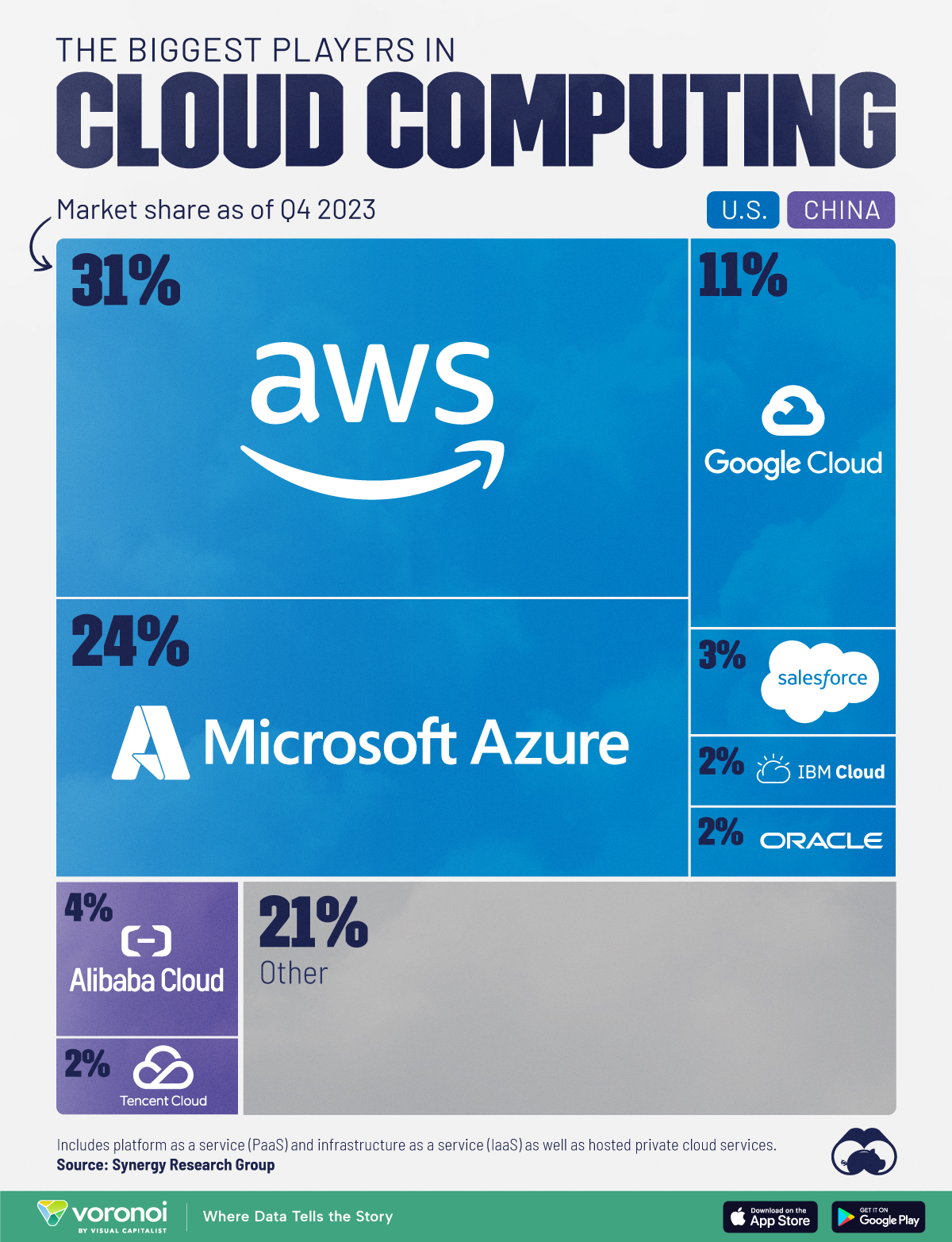 This tree map shows the biggest cloud computing service providers globally by market share.