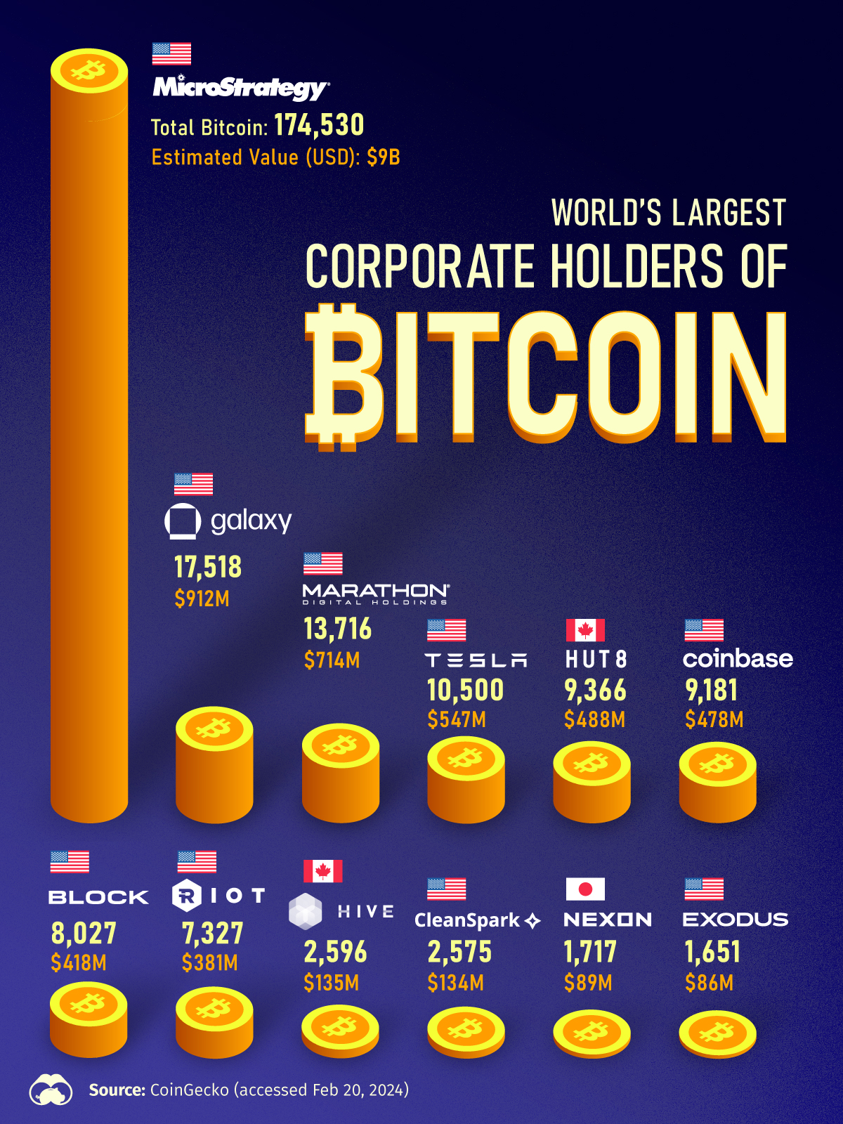 This bar chart shows who holds the most bitcoins by public companies.