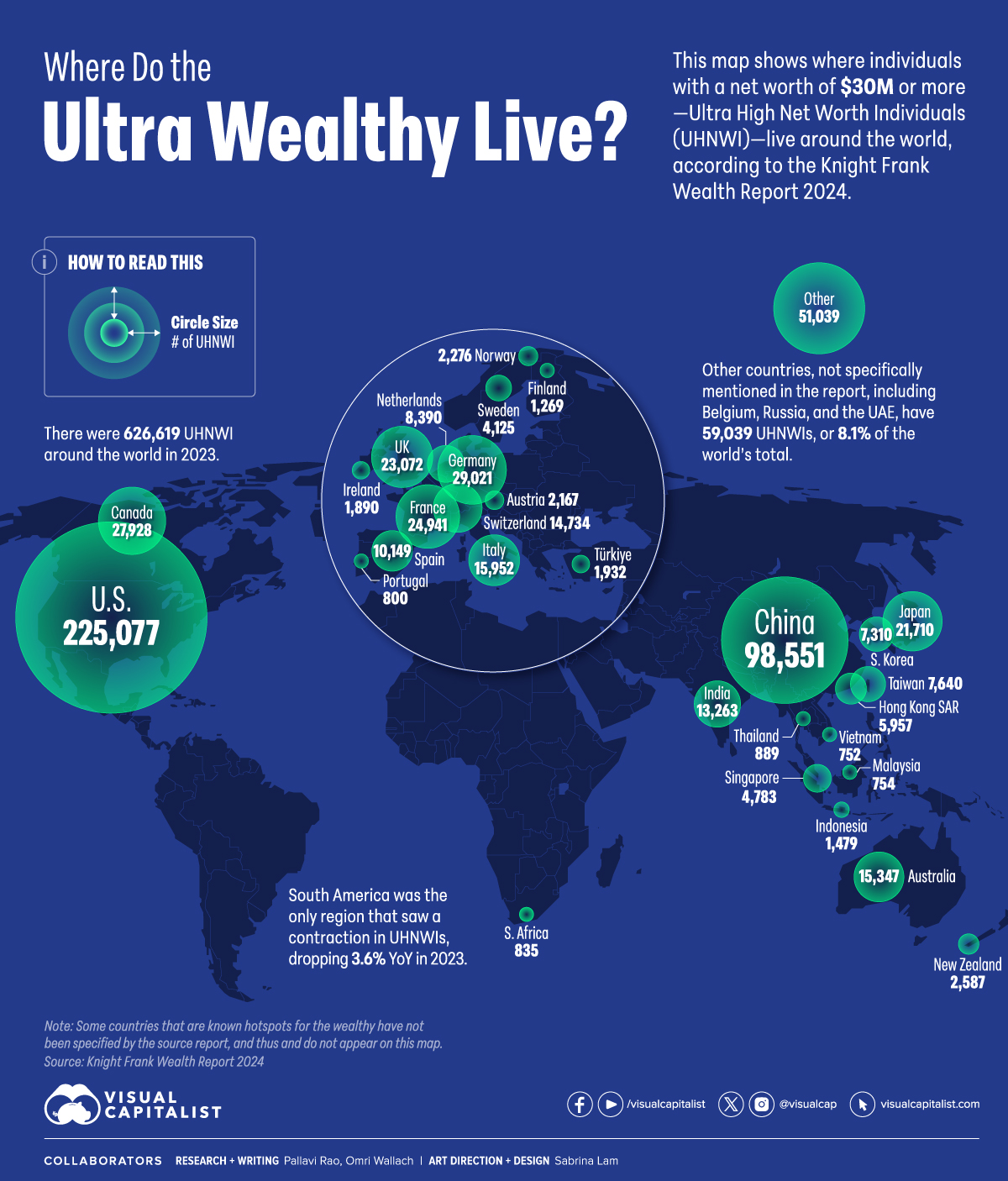 A map of the world showing where the wealthiest people live in 2024.